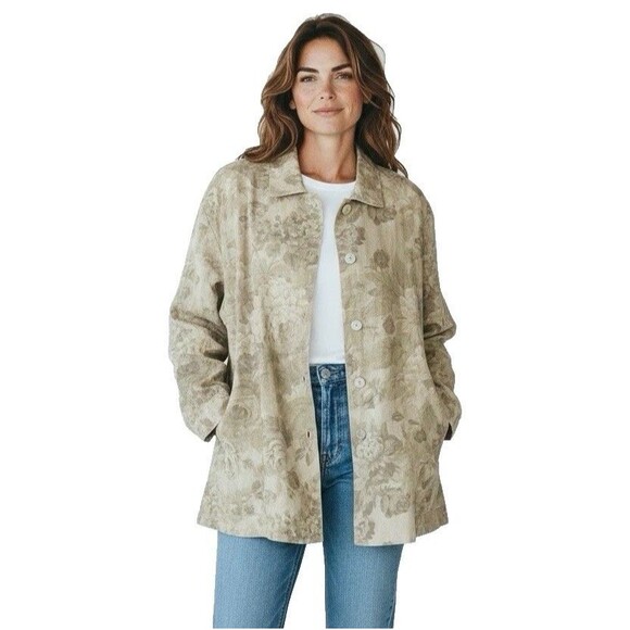 Vtg Smith & Hawken Linen Jacket Women's L Button Up Pockets Floral USA Tan Khaki - Picture 1 of 16